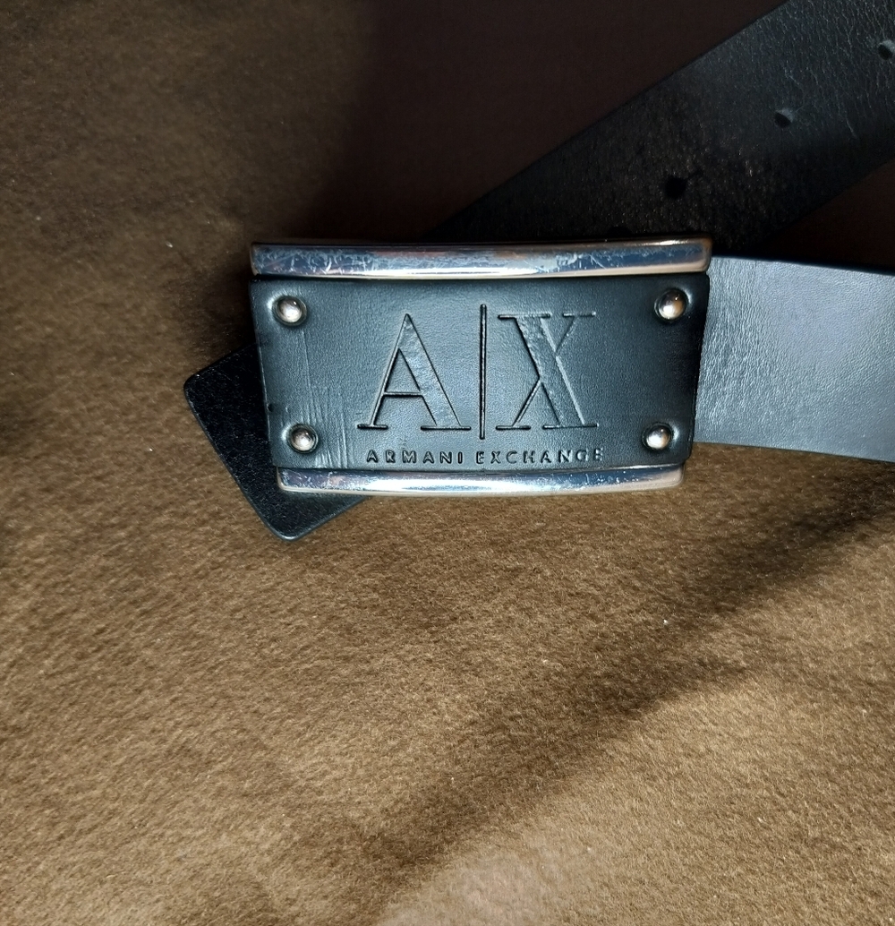 Armani Exchange Black 100% Genuine Leather Belt with AX Metal Plate Buckle - 34"